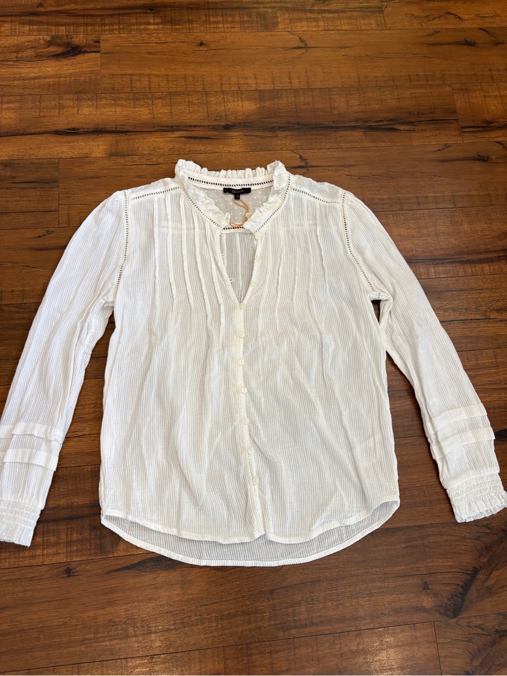 Quince Organic Textured Cotton Peasant Blouse Button Front Size Medium White